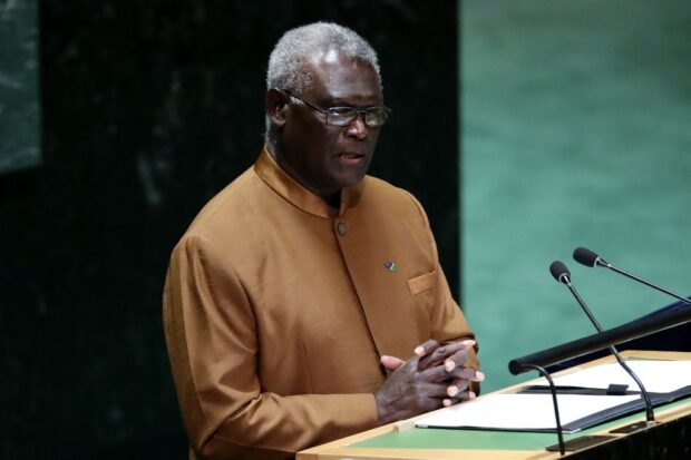Solomon Islands Prime Minister Manasseh Sogavare addresses the 78th United Nations General Assembly at UN headquarters in New York City on September 22, 2023. (Photo by Leonardo Munoz / AFP)