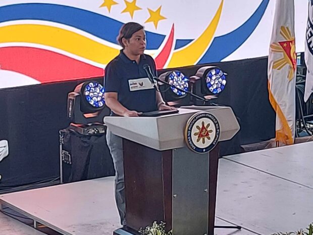 Vice President Sara Duterte speaks during the inauguration of MV Lite Cat 2 in Cebu City