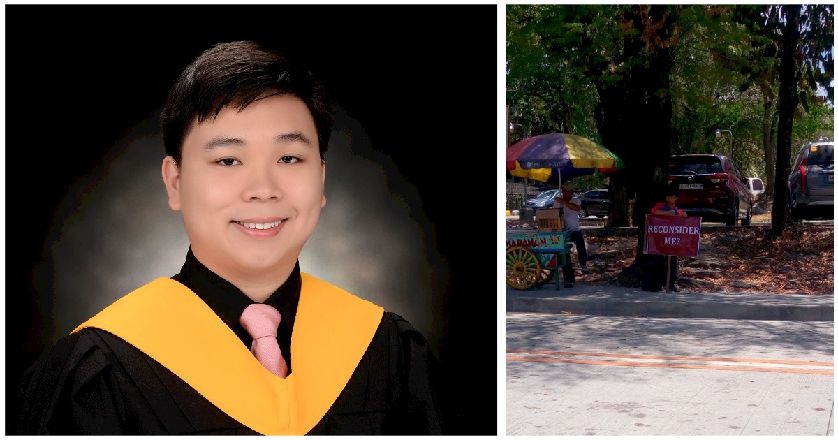 The viral student who once held a "Reconsider Me?" placard after failing the college admission test of his dream university has bounced back with flying colors as a magna cum laude graduate in Pamantasan Ng Lungsod ng Maynila (PLM).