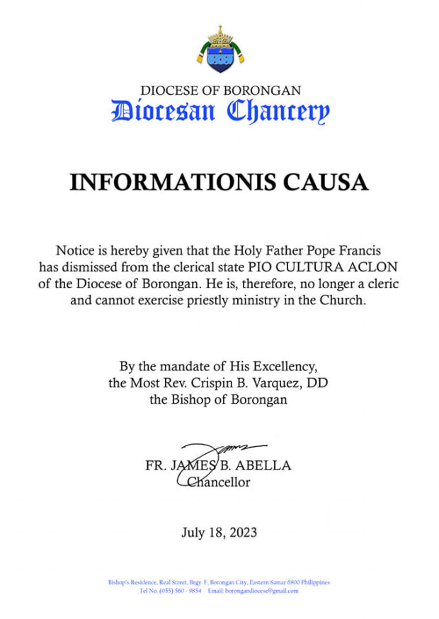 The Diocese of Borongan announced Pope Francis' dismissal of Pio C. Aclon from the clerical state due to alleged sexual abuse involving minors in a letter posted on September 17, 2023.