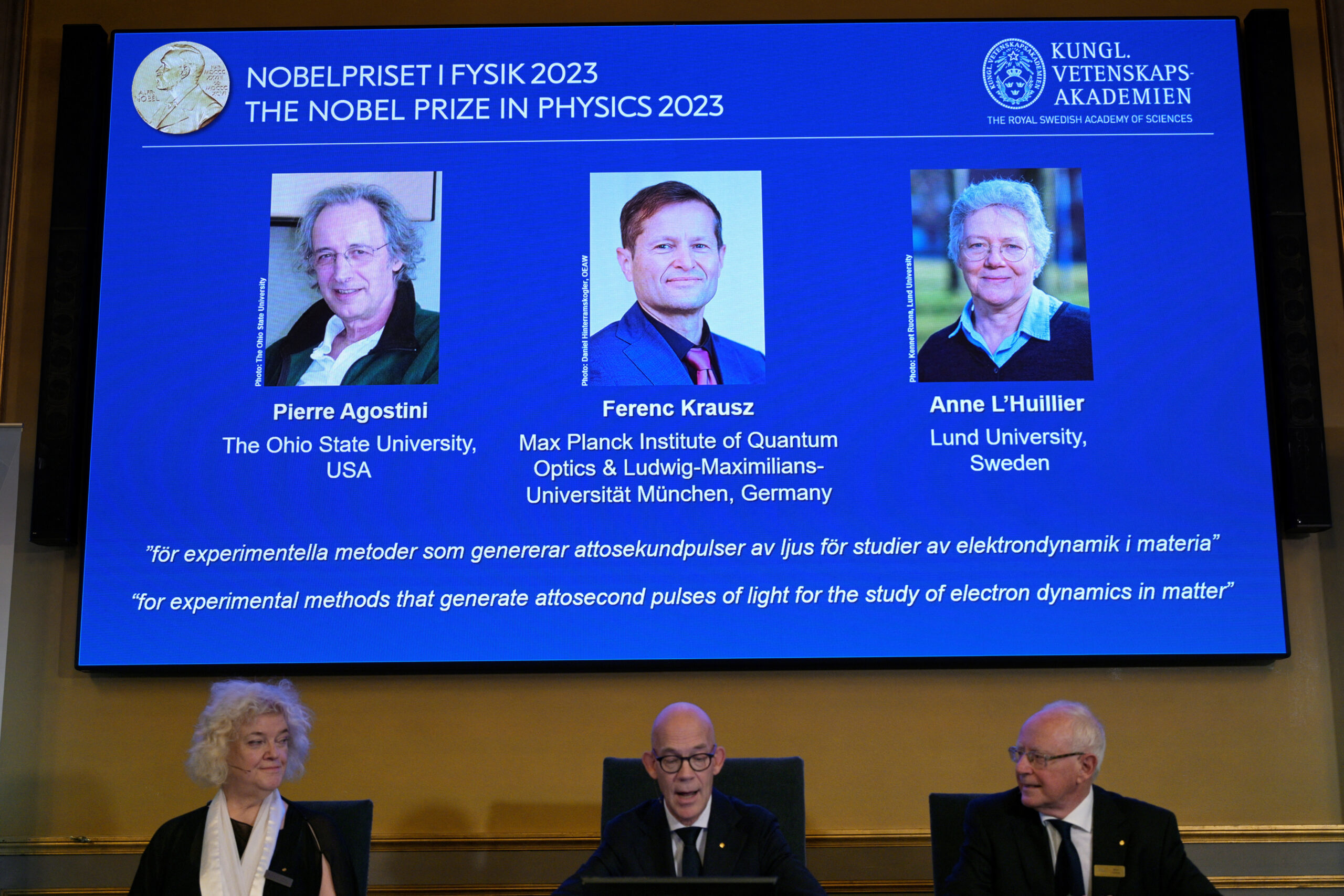 Trio wins Nobel physics prize for lighting up secrets of the atom