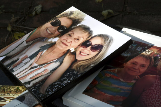 Photos of Sara Lee Swoveland, center in the left image, and her family are seen in Colorado Springs, Colo., on Thursday, Oct. 19, 2023.