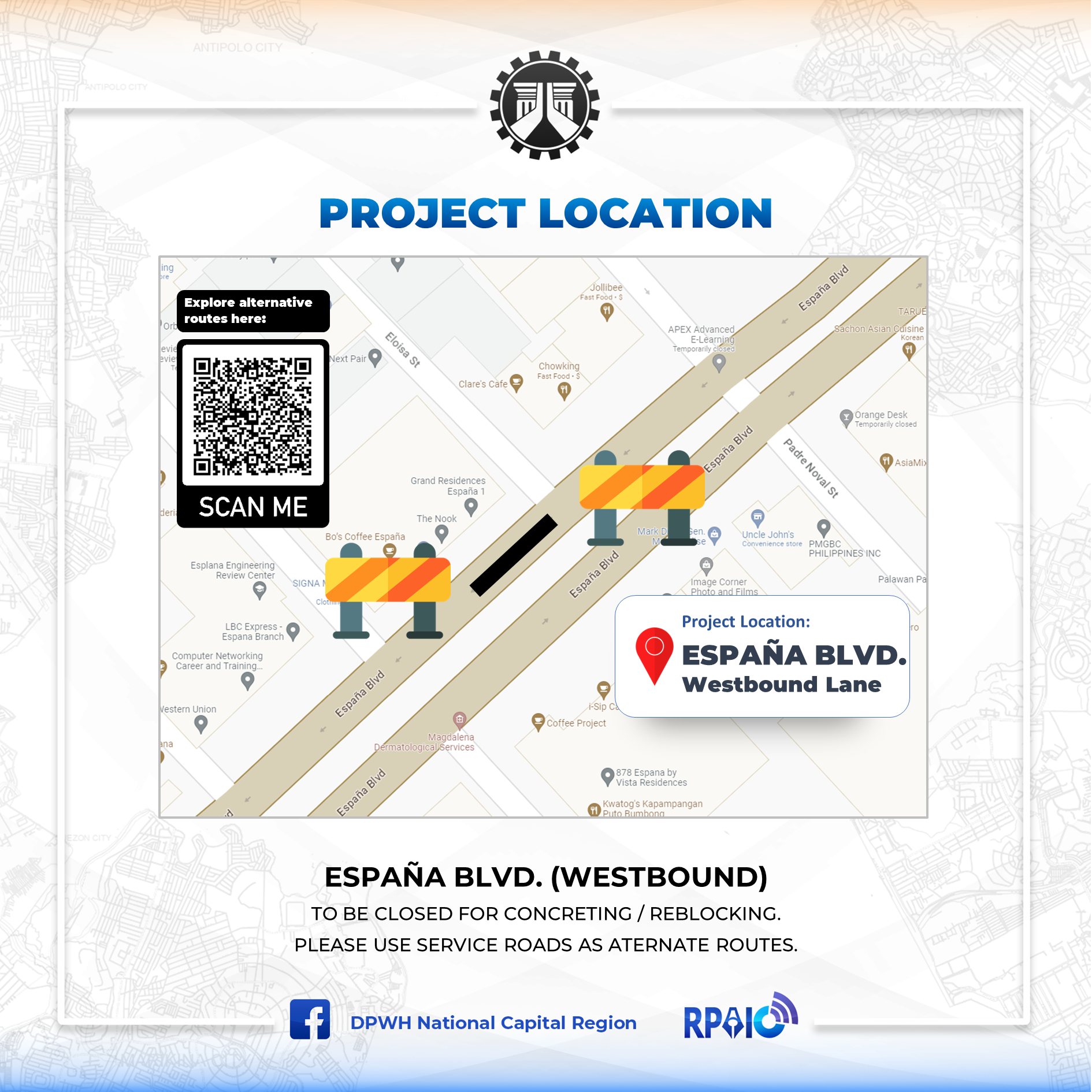 DPWH: España Boulevard west-bound roadworks set from Oct. 13-17