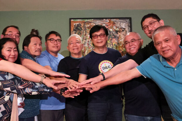 Interior and Local Government Secretary Benhur Abalos (6th from left) meets with the leaders of Transport Group led by Obet Martin (5th from left) on Sunday, October 15, 2023, to discuss about the transport strike by another transport group on Monday. Abalos is joined by Metro Manila Development Authority (MMDA) Acting Chairman Romando Artes (4th from left) and Land Transportation Office (LTO) Chief Vigor Mendoza (7th from left). INQUIRER PHOTO / GRIG C. MONTEGRANDE