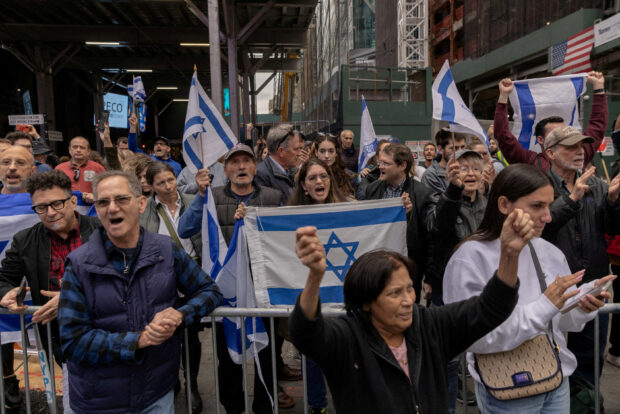 FILE PHOTO: Pro-Israel demonstrators protest in Times Square on the second day of the ongoing conflict between Israel and the Palestinian militant group Hamas, in Manhattan in New York City