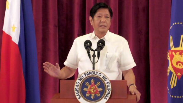 President Ferdinand Marcos Jr. delivers a speech at the Villamor Airbase in Pasay City before flying to Saudi Arabia on Thursday, October 19, 2023, to attend the Association of Southeast Asian Nations-Gulf Cooperation Council Summit. | PHOTO: INQUIRER.net/Ryan Leagogo