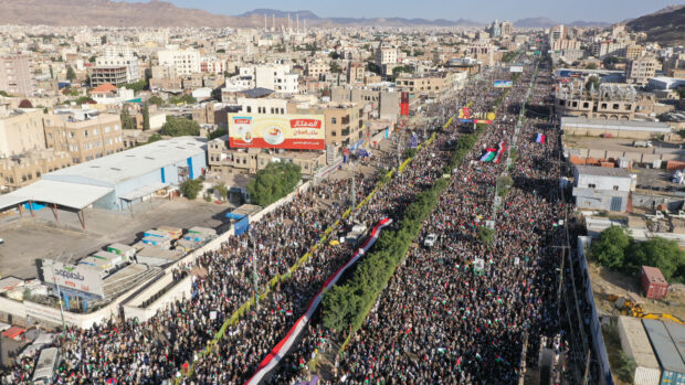 Yemenis gather during a pro-Palestinian protest to express solidarity with Palestinians in Gaza, in Sanaa