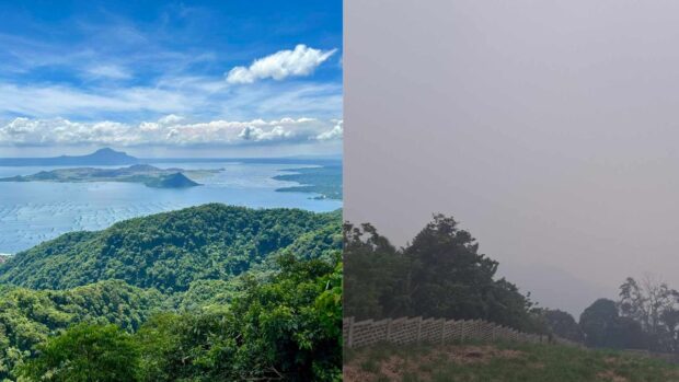 BEHIND THE SERENITY   Taal Volcano looks serene in this photo taken from Tagaytay City on Sept. 25, but it continues to emit harmful volcanic smog that has shrouded the volcano (right), shown in this photo on Sunday, prompting local governments in Batangas, Laguna and Rizal to suspend classes on Monday. —PHOTOS FROM THE TAGAYTAY CITY TOURISM OFFICE AND EVELYN GONZALEZ