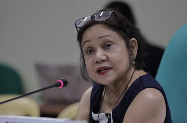 Senator Cynthia Villar questions officials of Bureau of Animal Industry on why it supposedly gave the job of clinical trials for ASF vaccines to a private firm when the bureau should be the one doing this. (Photo dated October 25, 2023 from Senate PRIB)