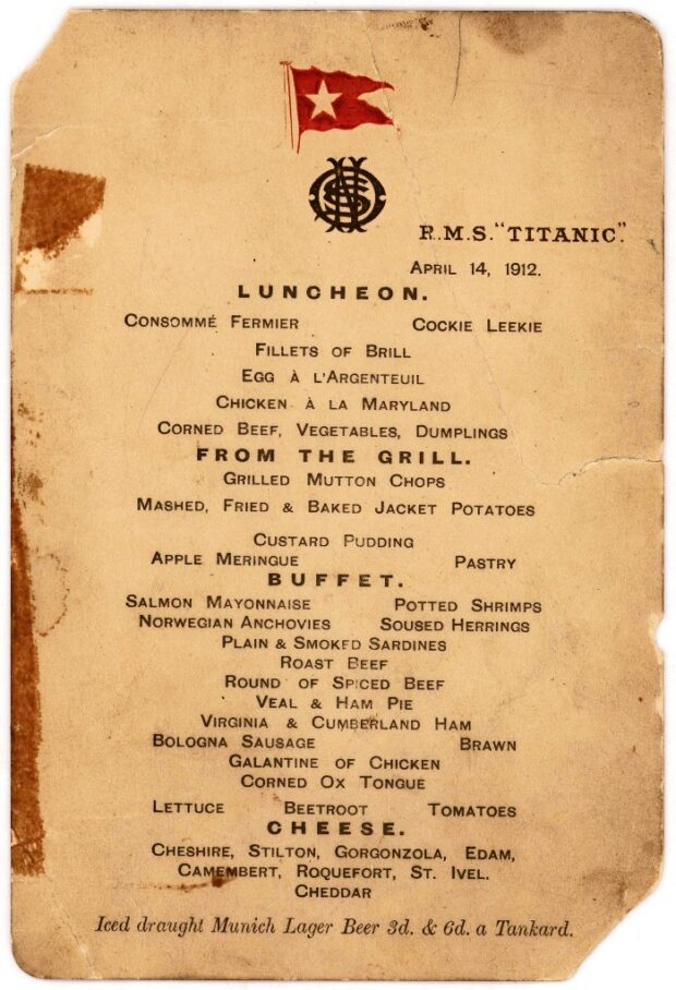 This image obtained August 31, 2015 courtesy of Lion Heart Autographs shows an April 14, 1912 menu from the R.M.S. Titanic. Lion Heart Autographs, has announced an auction of three very rare and previously unknown artifacts recovered from survivors of the RMS Titanic’s infamous Lifeboat No. 1 known as “The Millionaire’s Boat,” or “The Money Boat.” Lifeboat No. 1 was lowered from the Titanic with just five wealthy passengers and seven crew members, who quickly rowed away without trying to rescue anyone else. The Rare Titanic Artifacts from Lifeboat No. 1 & Other Historic Autographs Auction will take place September 30, 2015. AFP PHOTO/LION HEART AUTOGRAPHS/HANDOUT = RESTRICTED TO EDITORIAL USE - MANDATORY CREDIT "AFP PHOTO / LION HEART AUTOGRAPHS" - NO MARKETING NO ADVERTISING CAMPAIGNS - DISTRIBUTED AS A SERVICE TO CLIENTS = NO A LA CARTE SALES= (Photo by Handout / LION HEART AUTOGRAPHS / AFP)
