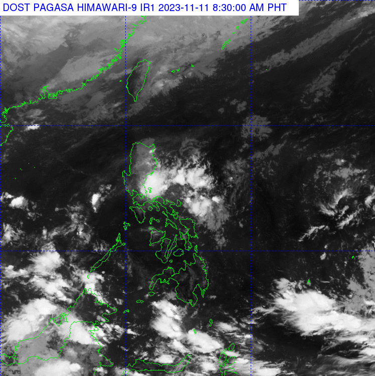 [The Philippine Atmospheric, Geophysical and Astronomical Services Administration says there is a low pressure area outside the Philippine area of responsibility, but it has no direct effect on the country on Saturday, November 11, 2023. Satellite image of the Philippines from Pagasa. ]
