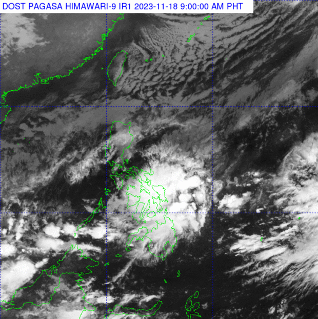 [A low pressure area inside the Philippine area of responsibility, as seen in the November 18, 2023 satellite image of the Philippines. Photo from Pagasa.]