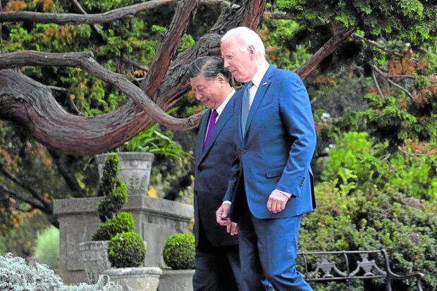 EASING TENSIONS US President Joe Biden and Chinese President Xi Jinping emerge from a meeting during the Asia-Pacific Economic Cooperation Leaders’ Week in Woodside, California, on Nov. 15. —AFP