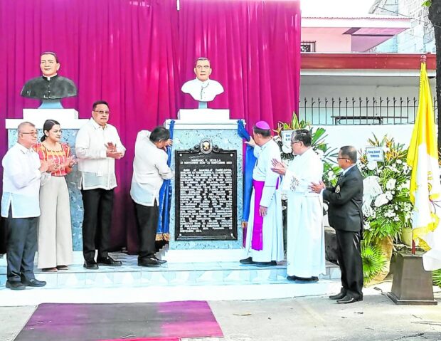 THE BUST Government and church officials led by National Historical Commission of the Philippines Director Emmanuel Calairo and Malolos Bishop Dennis Villarojo unveil the marker of the bust of Padre Mariano Sevilla at the grounds of Nuestra Senora de la Asuncion parish in Bulakan, Bulacan on Thursday during the priest's 100th year death anniversary. CARMELA REYES-ESTROPE 