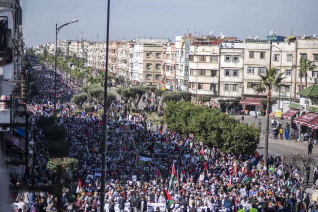 FILE - Thousands of Moroccans take part in a protest in solidarity with Palestinians in Gaza and against normalisation with Israel, in Casablanca, Morocco, Sunday, Oct. 29, 2023.
