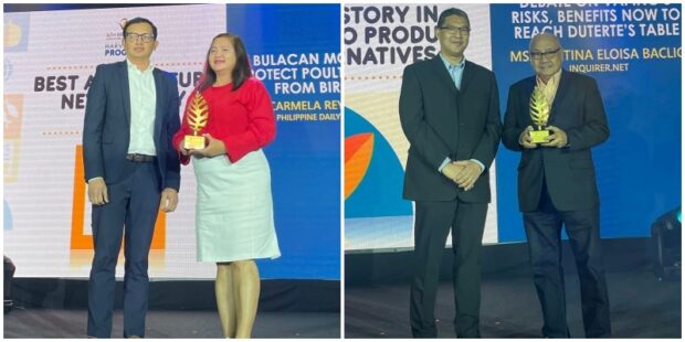 Carmela Reyes Estrope (left), the Inquirer’sBulacan correspondent, and Inquirer.net, represented by editor in chief Abel Ulanday, are recognized during the Bright Leaf Agriculture JournalismAwards on Monday night.
