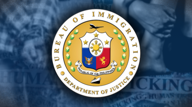 PHOTO: Indistinct blue backgrounf of arms and hand, with the Bureau of Immigration logo superimposed. STORY: BI to foreigners: Secure permits ahead of departure to avoid airport woes