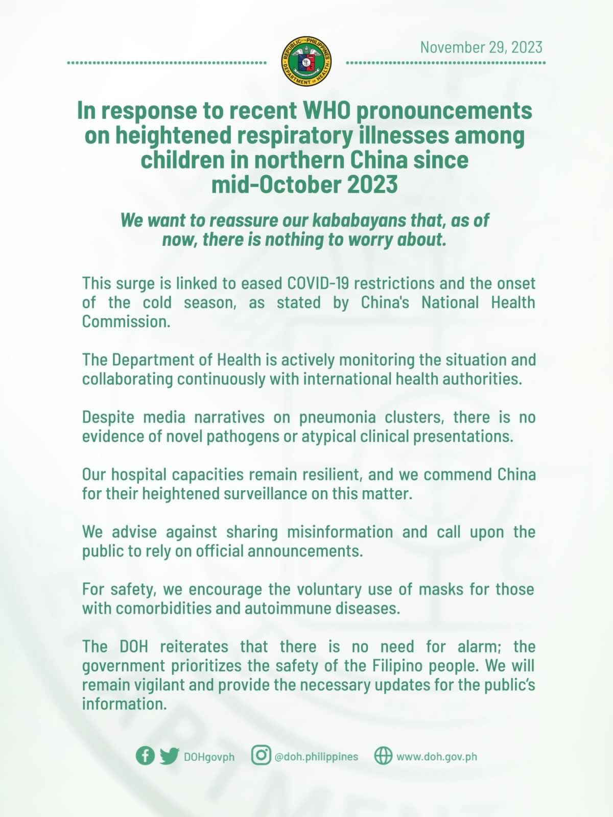 Health Secretary Teodoro Herbosa assured Filipinos on Wednesday that there is no need to panic in light of reports of an increase in respiratory illnesses in Northern China.