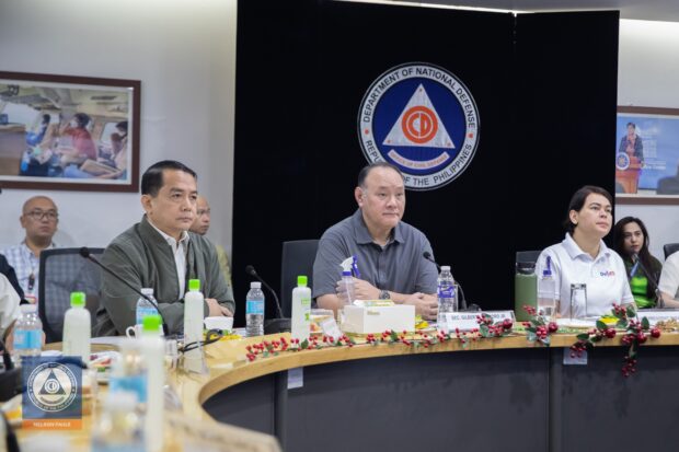 NDRRMC meeting convened on Saturday (November 18, 2023) following the 6.8 earthquake in Davao Occidental that rocked several parts of Mindanao. Shown from left to right are OCD Administrator Undersecretary Ariel Nepomuceno, National Defense Secretary Gilbert Teodoro, and Vice President Sara Duterte. (Photo from Office of Civil Defense)