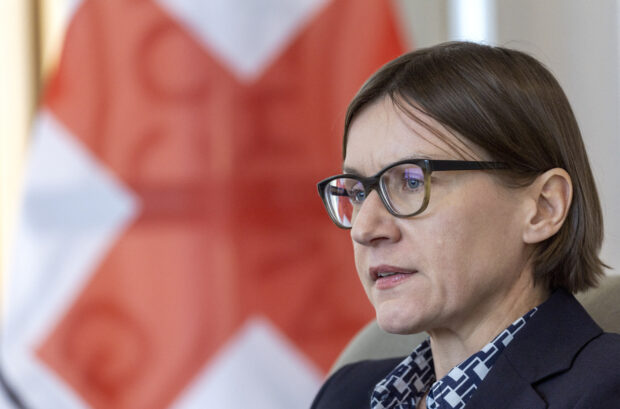 Red Cross President Spoljaric Egger attends a briefing in Geneva