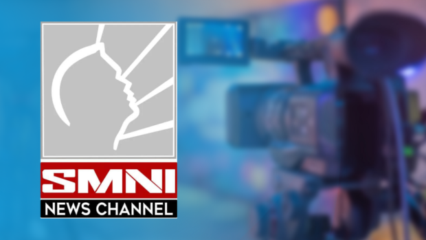 PHOTO: Interior of TV studio with SMNI logo superimposed. STORY: Rep. Raoul Manuel links SMNI to 288 red-tagging videos
