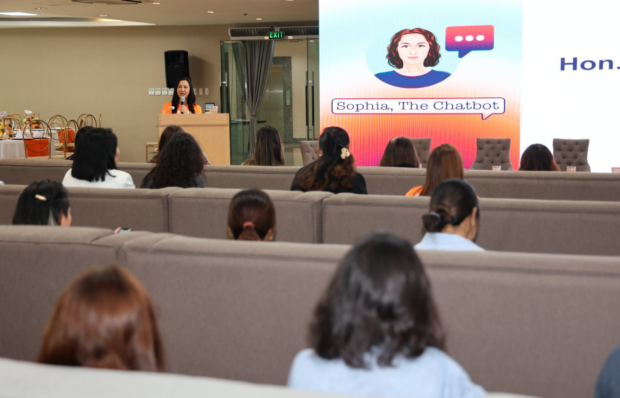 Quezon City Mayor Joy Belmonte speaks at the launching of “Sophia, The Chatbot”, which according to the Quezon City Government, is the first chatbot designed for victims of domestic violence. 
