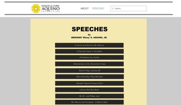 The Ninoy and Cory Aquino Foundation (NCAF) launches a website allowing online users to access the late senator’s speeches. (Screengrab from ninoyspeeches.ph)