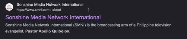 A quick look of SMNI through search engines show that SMNI, according to its own website, is the broadcasting arm of Pastor Apollo Quiboloy.  However, upon visiting the About page of SMNI, Quiboloy and KJC's names are no longer part of the description.