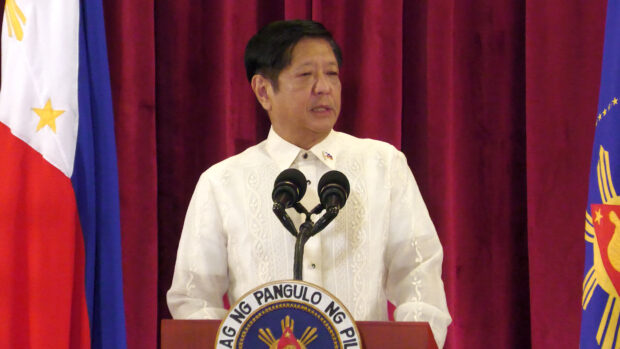 President Ferdinand Marcos Jr. delivers his speech during an arrival ceremony at Villamor Air Base in Pasay City. The President arrived on Monday, November 20, 2023 from his weeklong trip from the United States. INQUIRER.net/Ryan Leagogo