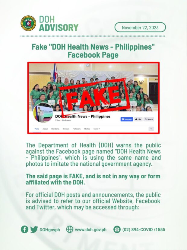 The Department of Health warns the public against a bogus Facebook account
