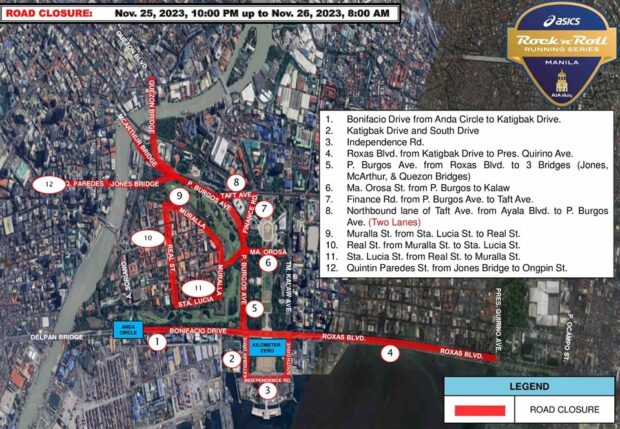 The Manila Public Information Office (MPIO) announced the temporary road closures in preparation for the upcoming Asics Rock "n" Roll Running Series on November 26.
