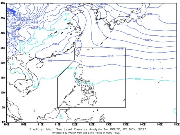 Philippine Atmospheric, Geophysical, and Astronomical Services Administration said cloudy skies with scattered rain showers and thunderstorms caused by easterlies will prevail over Palawan, Caraga and Davao Region on Sunday, November 5, 2023. (Illustration courtesy of Pagasa)