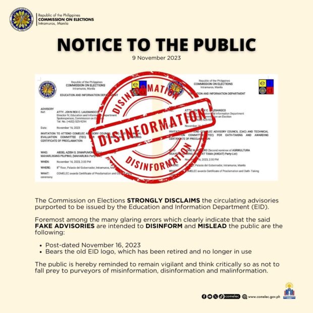 Comelec warns public against fake notice on the party-list oath-taking ceremony