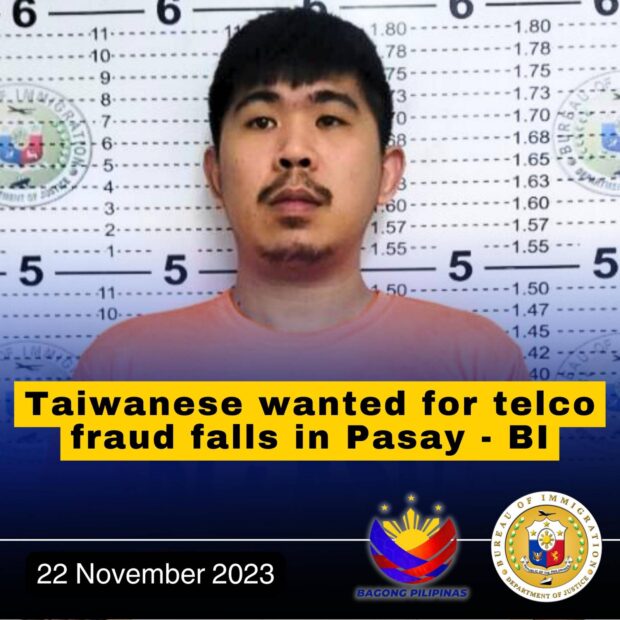 The Bureau of Immigration nabs Taiwanese fugitive Shan Yu-Hsuan who is wanted in Taiwan for telecommunications fraud.