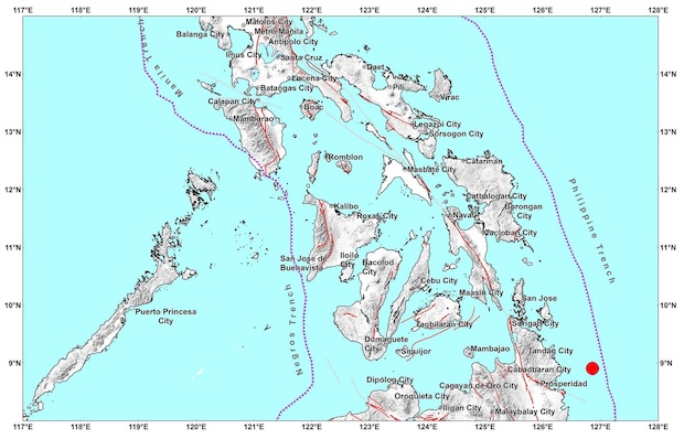 Map showing epicenter of earthquake recorded off Surigao del Sur on Dec. 4, 2023.