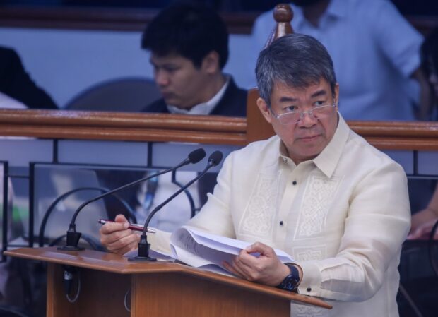 BUDGETING PROCESS: Senate Minority Leader Aquilino “Koko” Pimentel III raises his concern on the budgeting process of the legislative branch following the bicameral conference committee (bicam) report on the P5.768-trillion national budget for 2024 Monday, December 11, 2023. Pimentel said the unprogrammed appropriations had increased by roughly P450 billion from the original proposal made by the President in the amount of P281.9 billion. “The original proposal of the President was P281.9 billion but the ending is P731.4 billion or an increase roughly of P450 billion as a result of the bicam meetings. It’s close to tripling the proposed unprogrammed appropriations by the executive. May we know what happened?,” Pimentel asked. Sen. Sonny Angara, chairperson of the Committee on Finance, said the main reason for the increase was to carve out a fiscal space in the programmed appropriations for other items that were proposed by both senators and congressmen. (Bibo Nueva España/Senate PRIB)