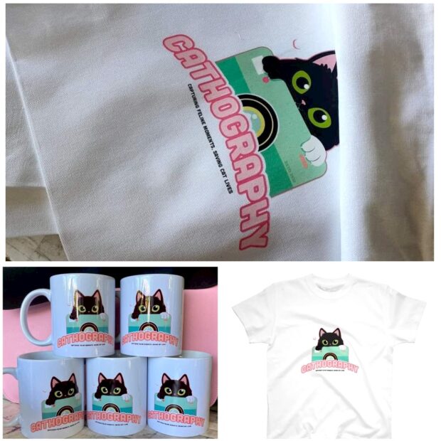 Photos show the CAThography merchandise.