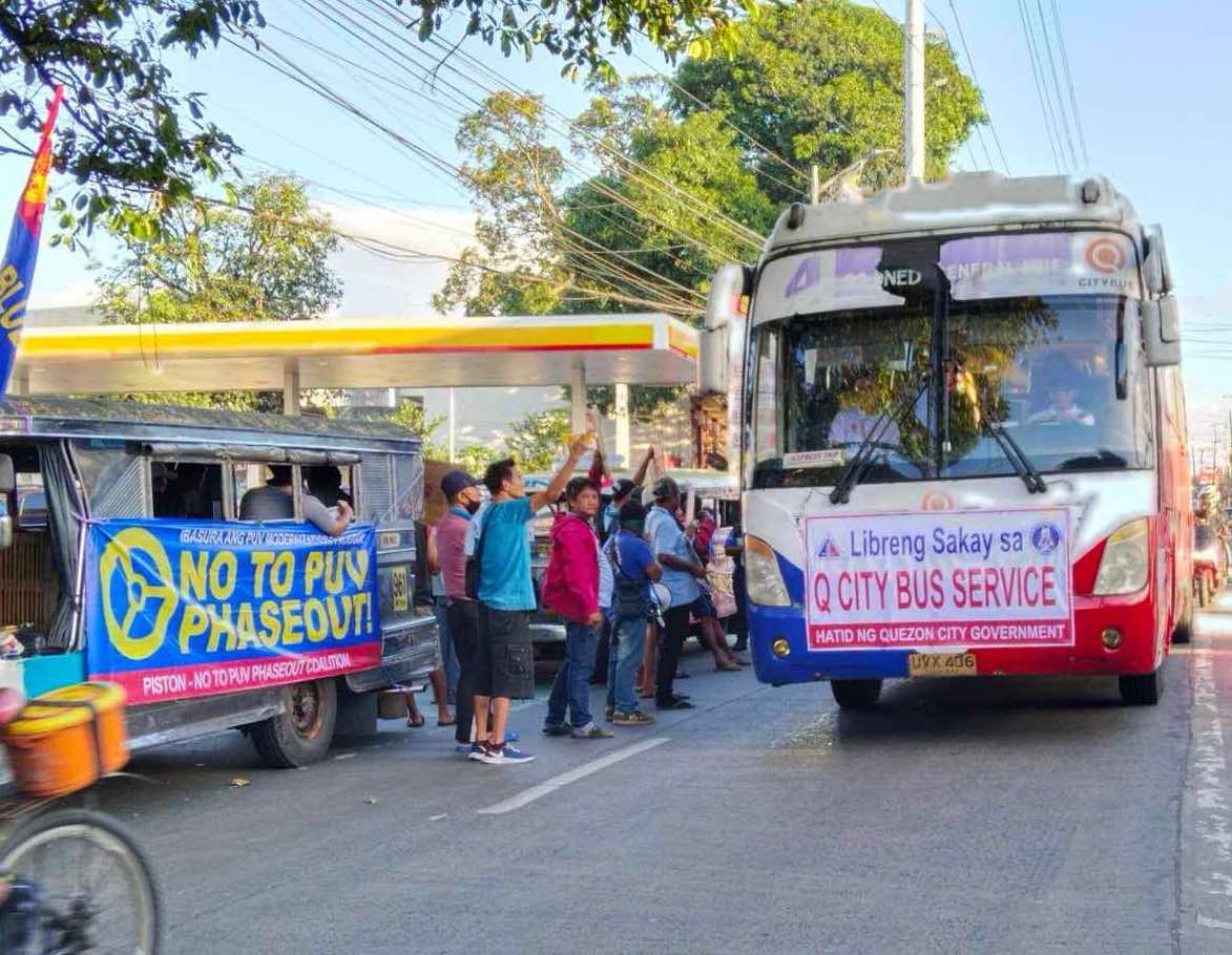 A Quezon City bus offering a free ride during the first day of Piston's nationwide transport strike this Thursday, Dec. 14, 2023. 