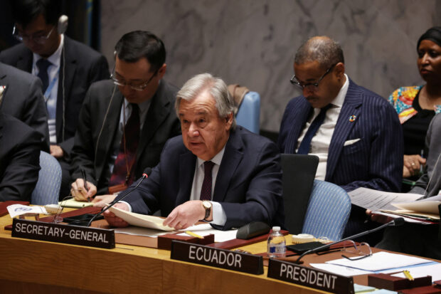 United Nations Secretary-General Antonio Guterres speaks during a United Nations Security Council meeting