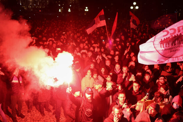 Supporters of the opposition SPN coalition protest in Belgrade