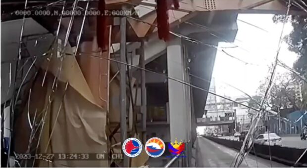 Dashcam footage shows that a police car suddenly entered the Edsa bus lane, causing the bus driver to swerve and crash into an MRT-3 railing along Santolan southbound station on Wednesday. (Screengrab from the Department of Transportation Facebook)