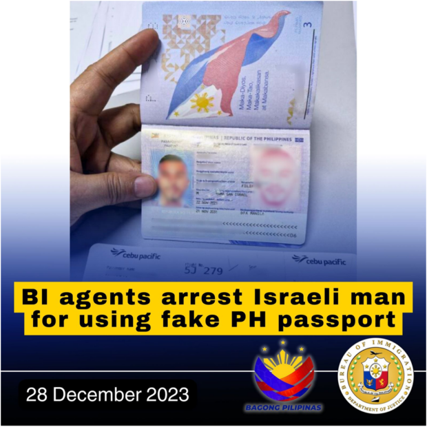 Fake passport of a 28-year-old Israeli arrested by immigration officers at Ninoy Aquino International Airport on Wednesday, December 27, 2023 (Photo courtesy of Bureau of Immigration)
