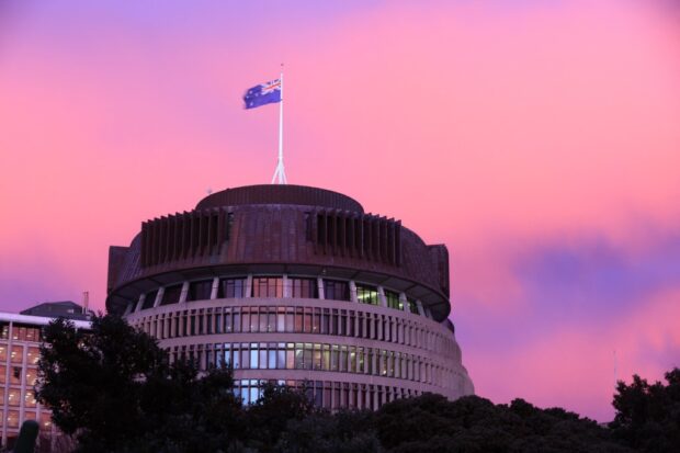 New Zealand's Parliament is pictured at dawn ahead of US Secretary of State Antony Blinken's visit to Wellington on July 27, 2023. (Photo by Grant Down / AFP)