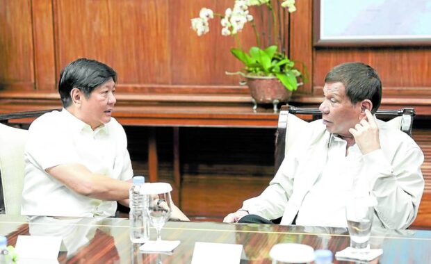 ON GOOD TERMS President Marcos meets with his predecessor Rodrigo Duterte on Aug. 2, 2023, to talk about Duterte’s visit to Chinese President Xi Jinping about two weeks earlier. —MALACAÑANG PHOTO