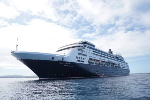 PIT STOP The international cruise shipCMV Vasco de Gama of Nicko Cruises Germany arrives in Bohol on Jan. 10, bringing about 1,500 German tourists for a daylong visit that included trips to Chocolate Hills and Loboc River. —PHOTO COURTESY OF GOV. ARIS AUMENTADO