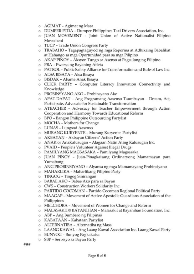 comelec party list groups list
