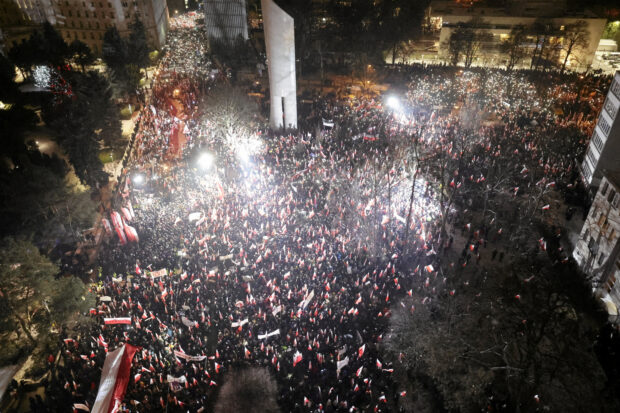 Supporters of the Law and Justice (PiS) party protest in Warsaw