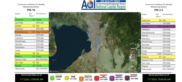 DENR-EMB's air quality index as of 10 a.m. on January 1. Screengrab/DENR