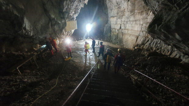 Rescue operation to reach five people trapped in the cave after heavy rainfall, in Bloska Polica