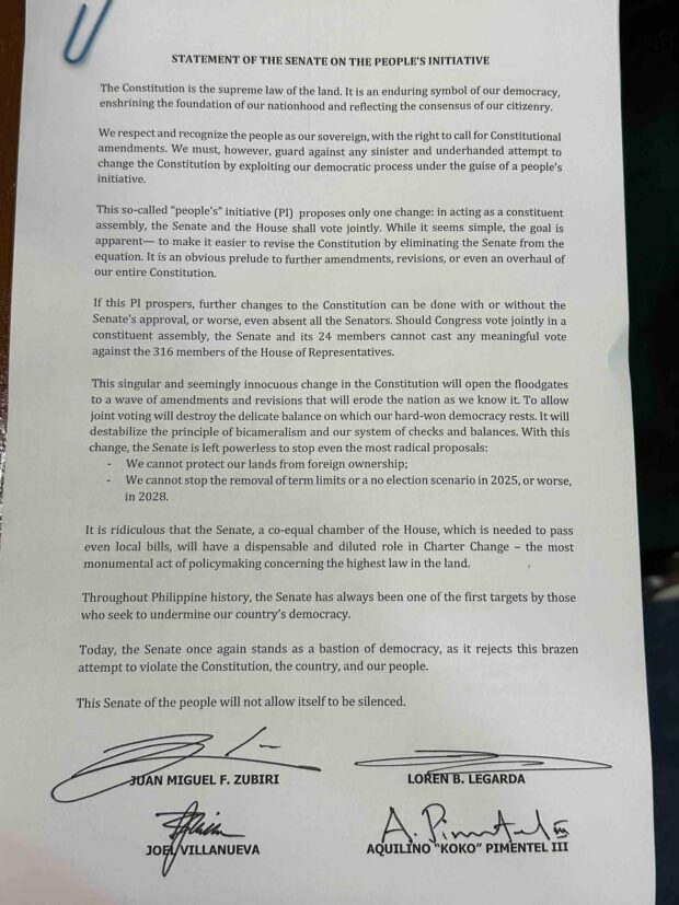 The office of Senate President Juan Miguel Zubiri releases copy of Senate's manifesto against the people's initiative for Charter change.